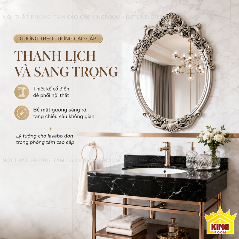 Gương oval Florence khung bạc phối cùng lavabo đá đen sang trọng