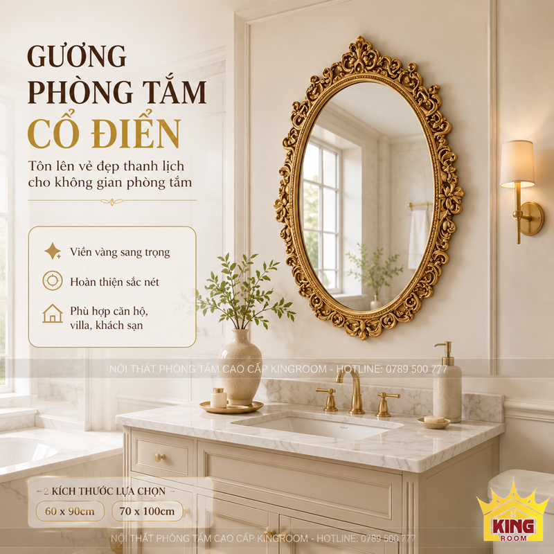 Gương Oval Khung Vàng GOC02 phối tủ lavabo tân cổ điển
