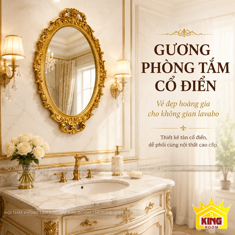 Gương phòng tắm cổ điển oval khung vàng phối cùng nội thất tân cổ điển