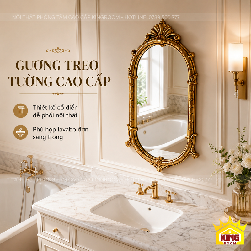 Gương Oval Milano khung vàng cổ điển lắp trên lavabo đơn