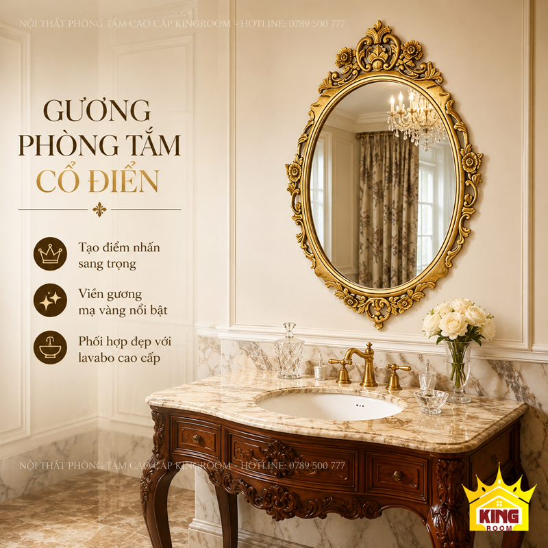 Gương Oval Victoria khung vàng cổ điển phối cùng tủ lavabo gỗ