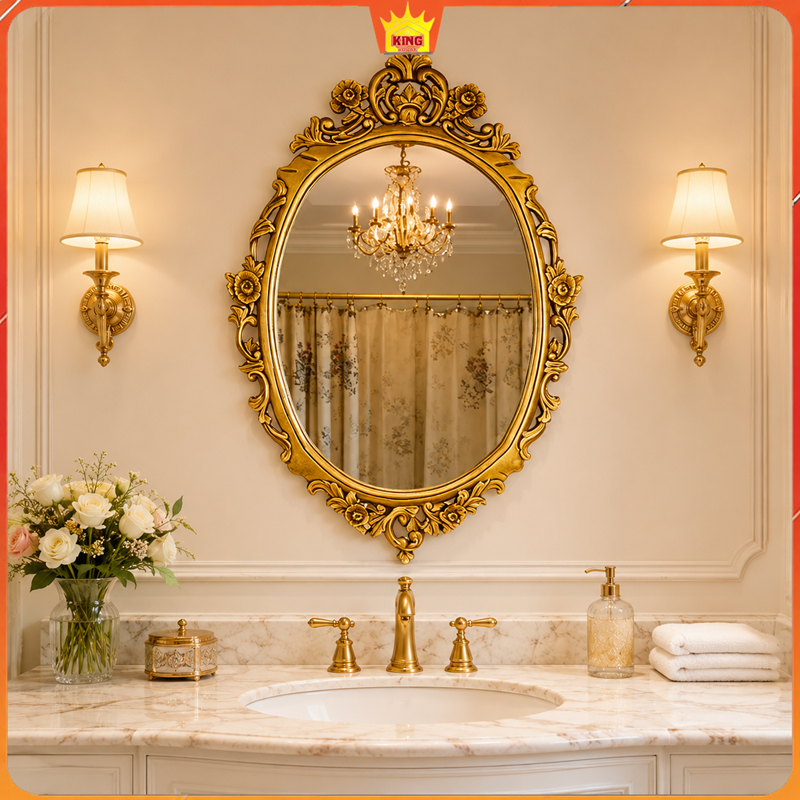 Gương Oval Victoria khung vàng cổ điển kết hợp lavabo đặt bàn và vòi đồng
