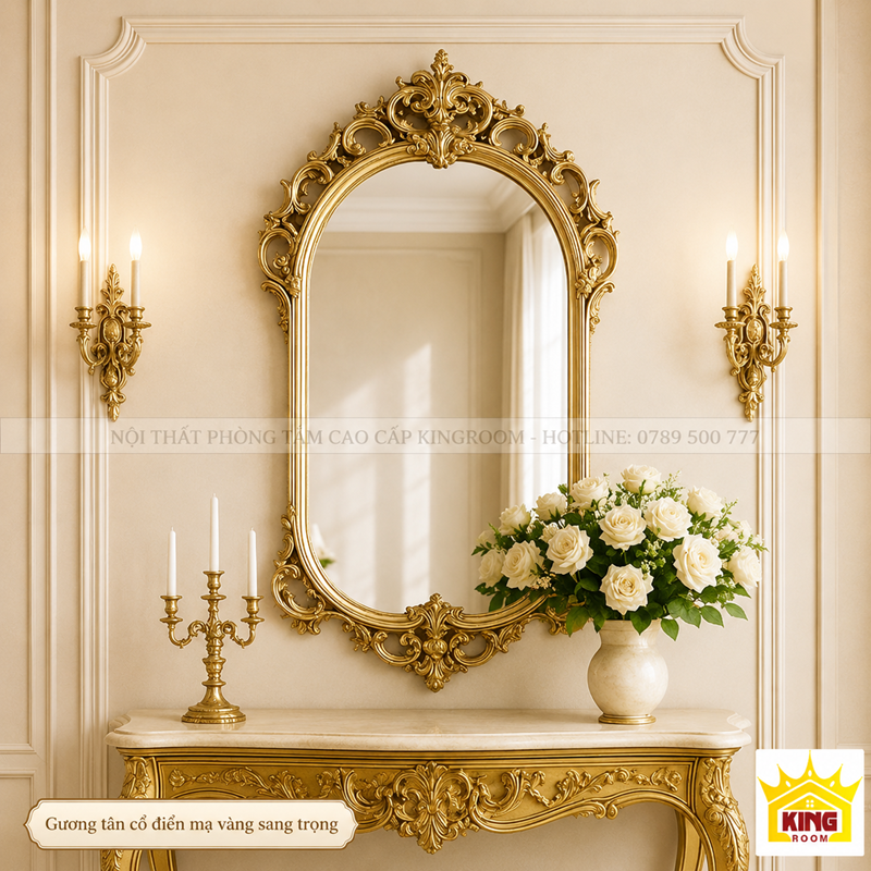 Gương phòng khách dáng vòm khung vàng 80x100cm sang trọng