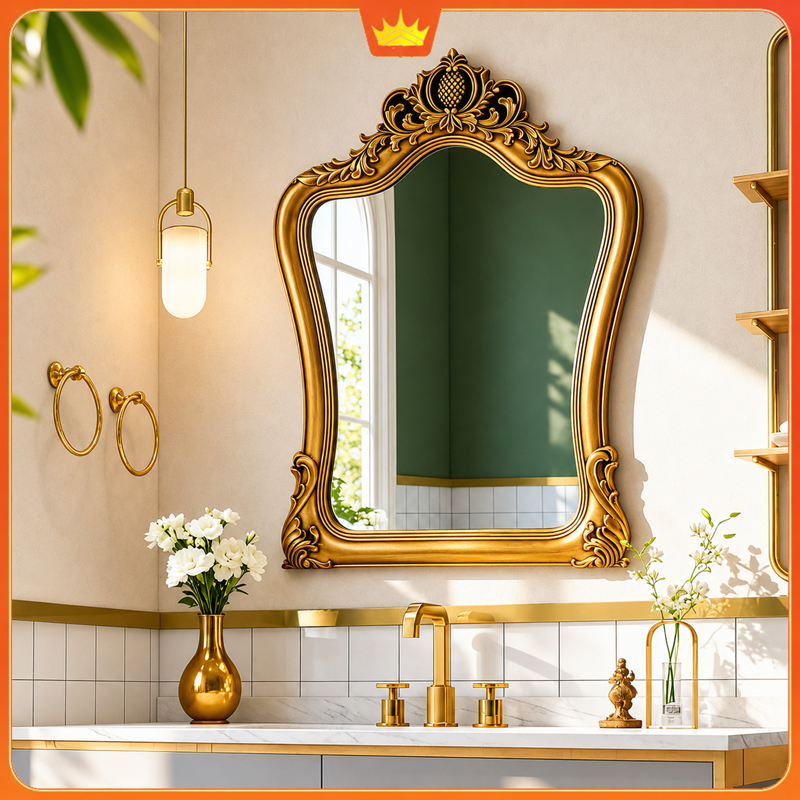 Gương phòng tắm cổ điển khung vàng hoa văn cao cấp KingRoom