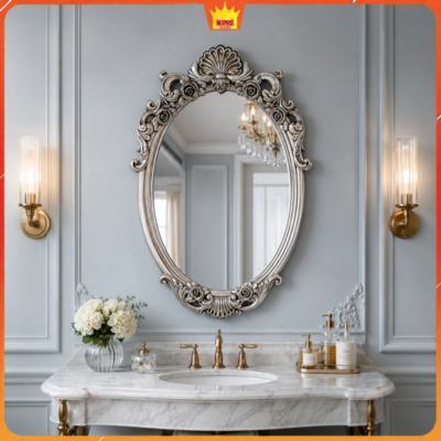 Gương phòng tắm cổ điển Oval Florence phong cách châu Âu khung bạc