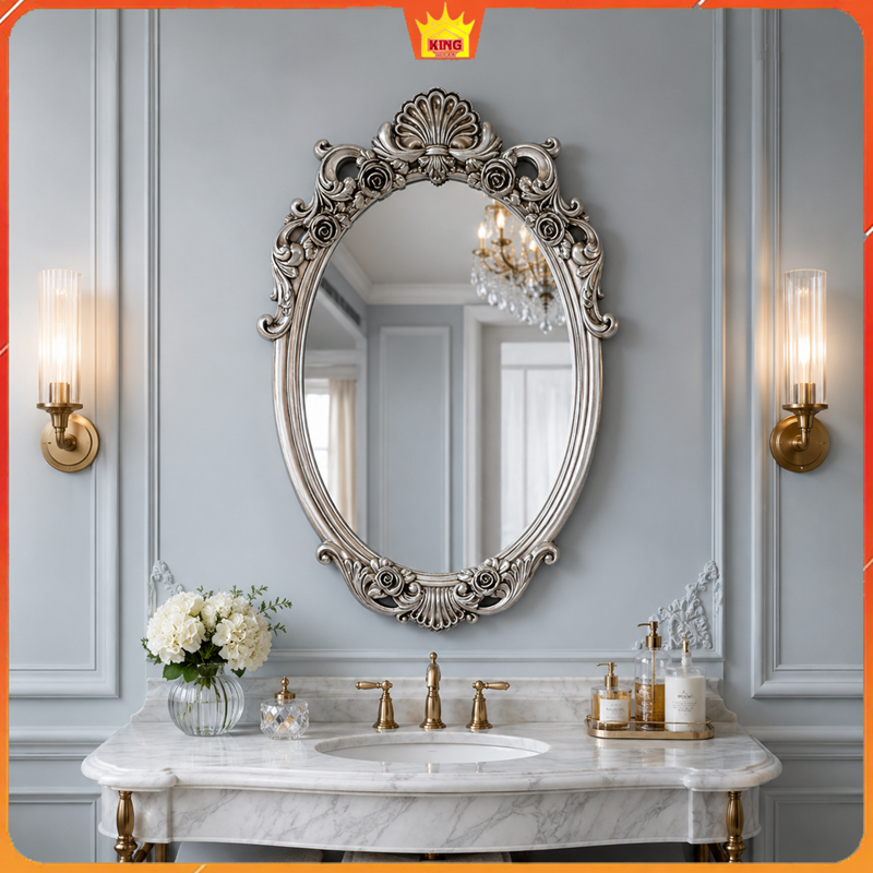 Gương phòng tắm cổ điển Oval Florence phong cách châu Âu khung bạc