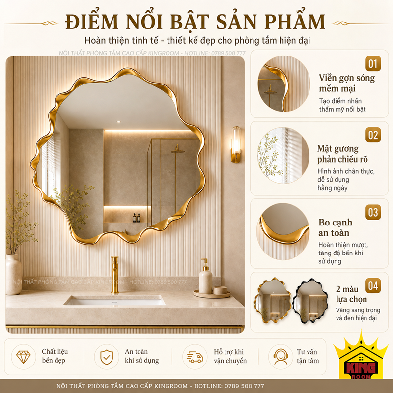 Gương phòng tắm gợn sóng khung vàng nghệ thuật lắp trên lavabo