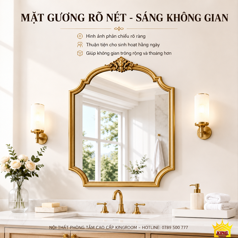 Gương phòng tắm khung vàng cổ điển LED treo tường sang trọng