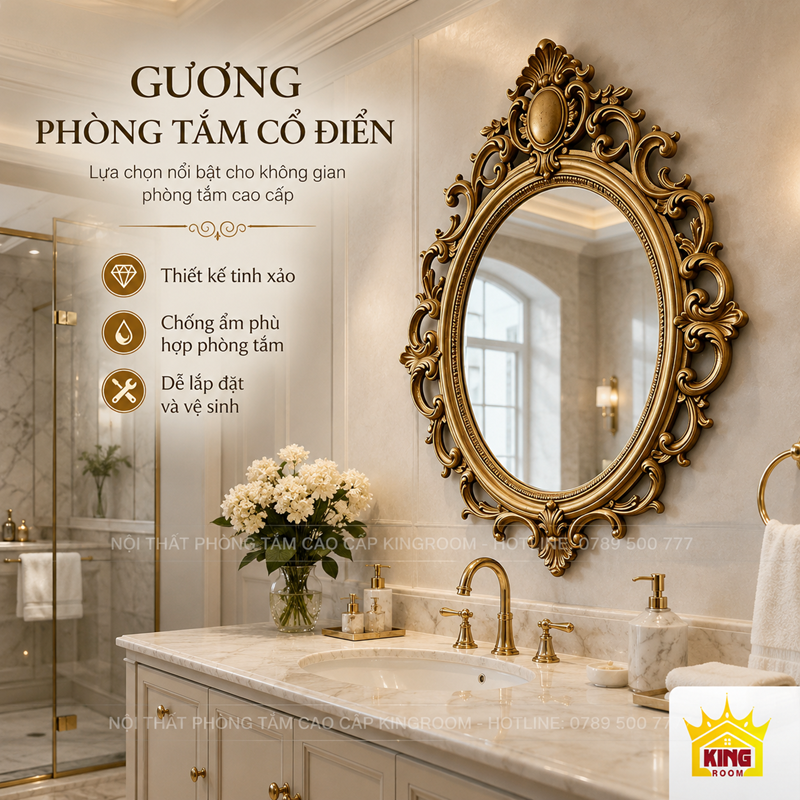Gương phòng tắm khung vàng hoa văn hoàng gia phối nội thất cổ điển