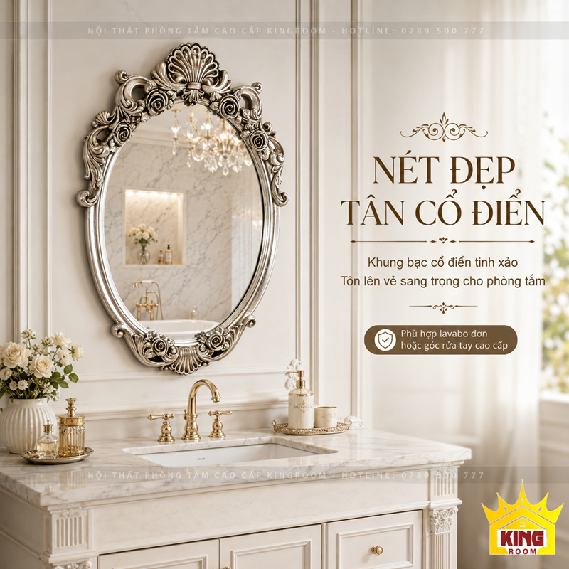 Gương Oval Florence phối cùng tủ lavabo màu trắng tân cổ điển
