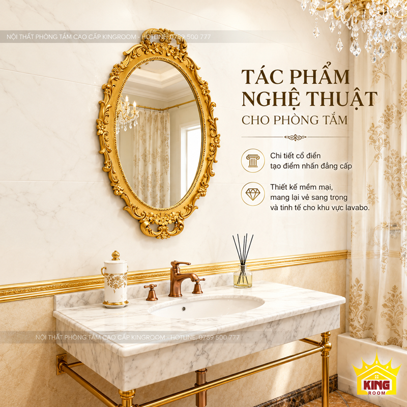 Gương phòng tắm oval khung vàng tạo điểm nhấn cho khu vực lavabo