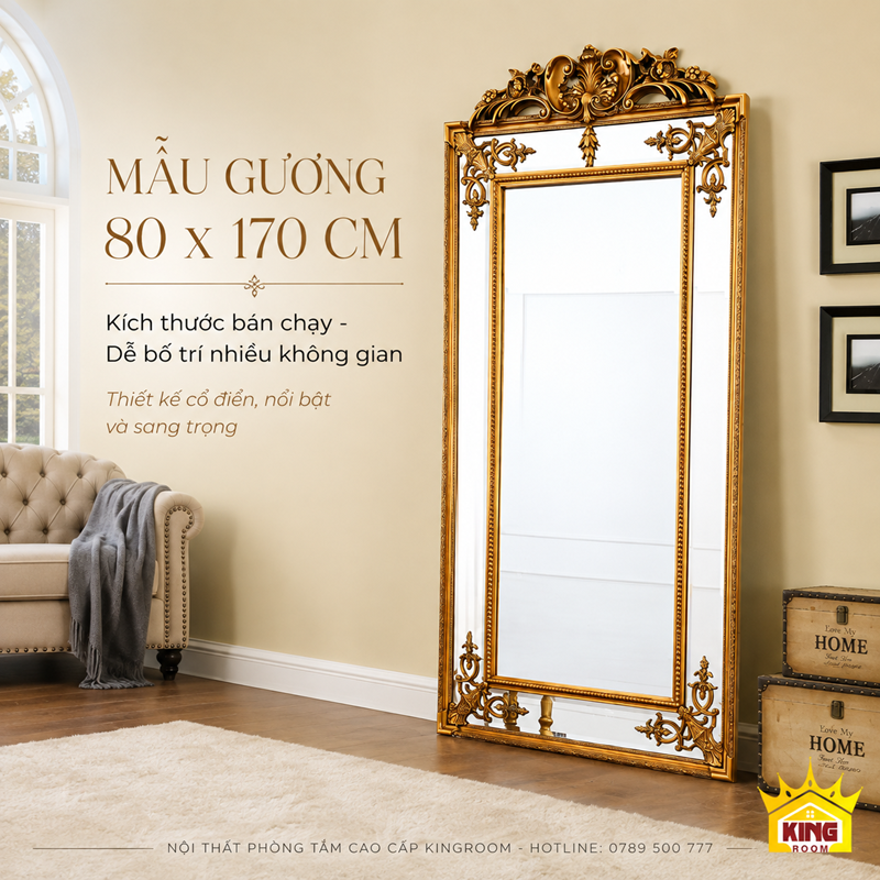 Gương toàn thân cổ điển A170 kích thước 80x170 cm khung vàng hoàng gia