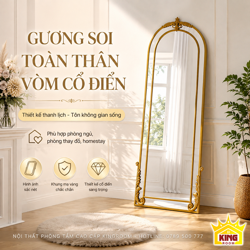 Gương toàn thân cổ điển dáng vòm GTT02 khung vàng 80x180cm