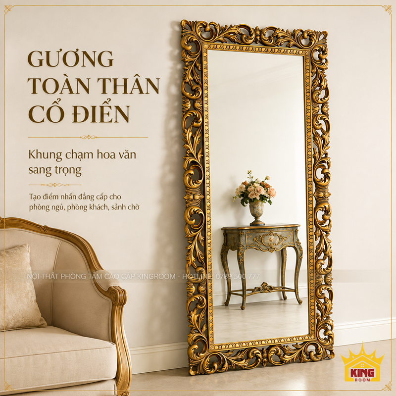 Gương toàn thân cổ điển GTT01 khung vàng chạm hoa văn sang trọng