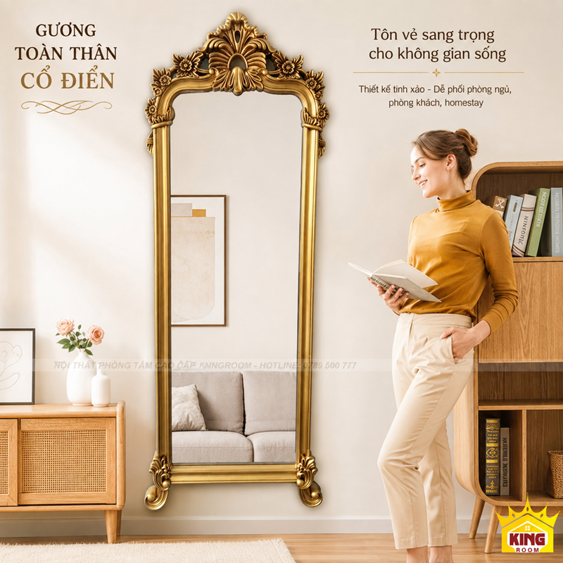 Gương toàn thân cổ điển khung vàng V175 ứng dụng thực tế trong biệt thự