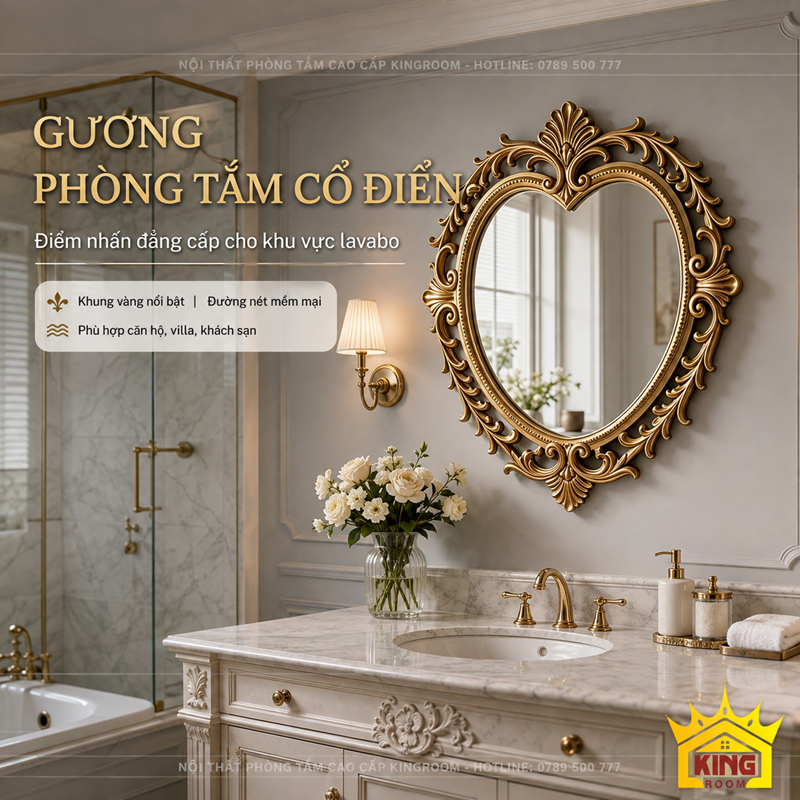 Gương Trái Tim Aurora khung vàng cổ điển trong phòng tắm tân cổ điển