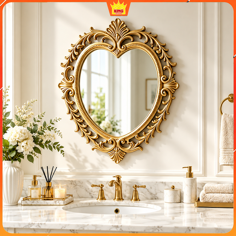 Gương Trái Tim Aurora khung vàng cổ điển lắp trên lavabo phòng tắm sang trọng
