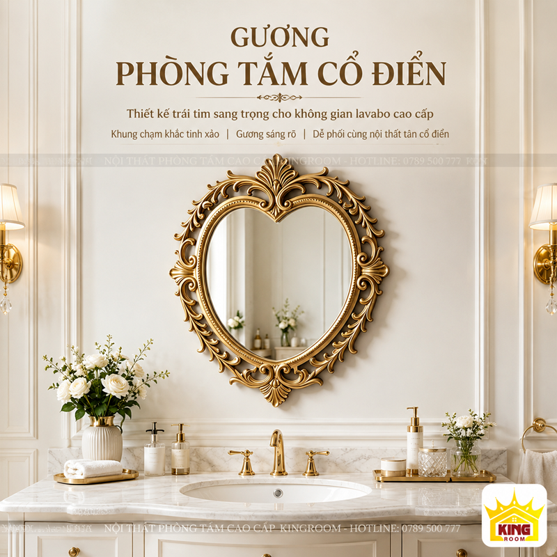 Gương Trái Tim Aurora khung vàng phối tủ lavabo tân cổ điển