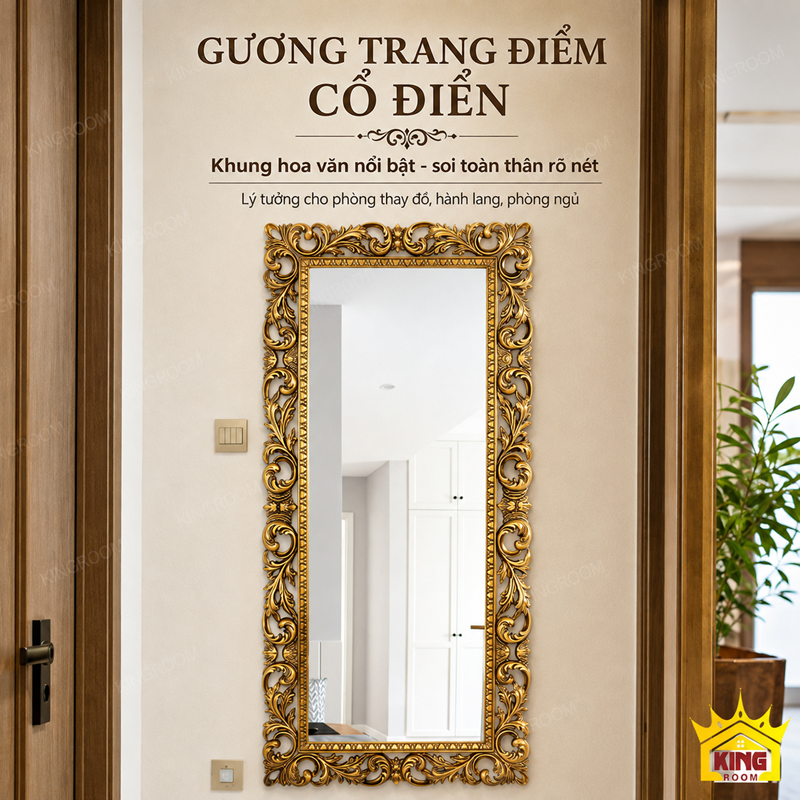 Gương trang điểm toàn thân cổ điển GTT01 khung vàng hoa văn
