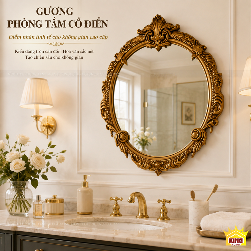 Gương tròn Athena cao cấp khung vàng chạm nổi cho phòng tắm