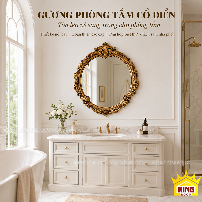 Gương tròn Athena khung vàng cổ điển treo trên lavabo phòng tắm