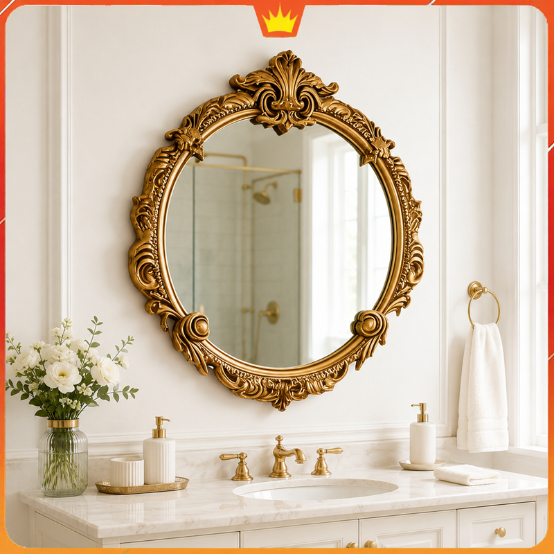 Gương Tròn Athena khung vàng cổ điển dáng tròn hoa văn trang trí