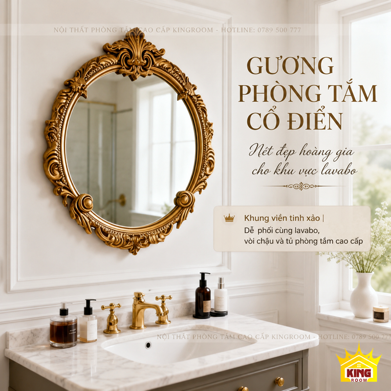 Gương tròn Athena khung vàng phong cách cổ điển luxury cho lavabo