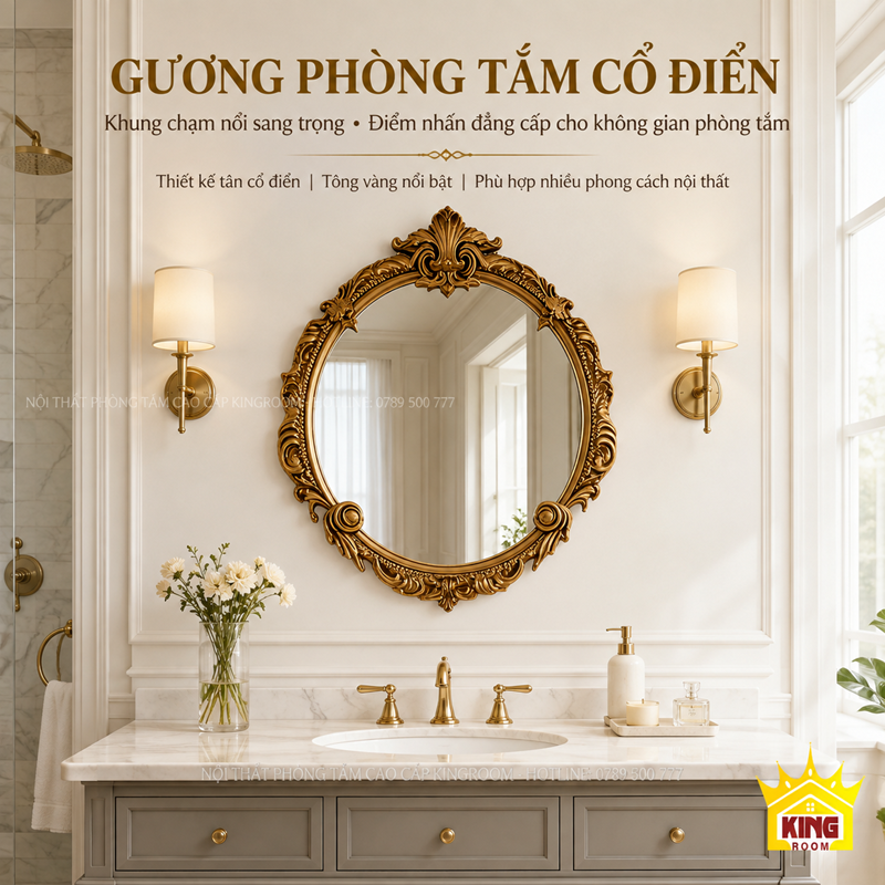 Gương tròn Athena phối cùng lavabo và nội thất phòng tắm tân cổ điển