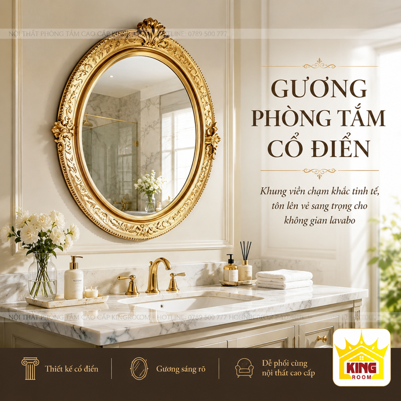 Gương Tròn Cổ Điển Khung Vàng GTC01 lắp tại khu vực lavabo cao cấp