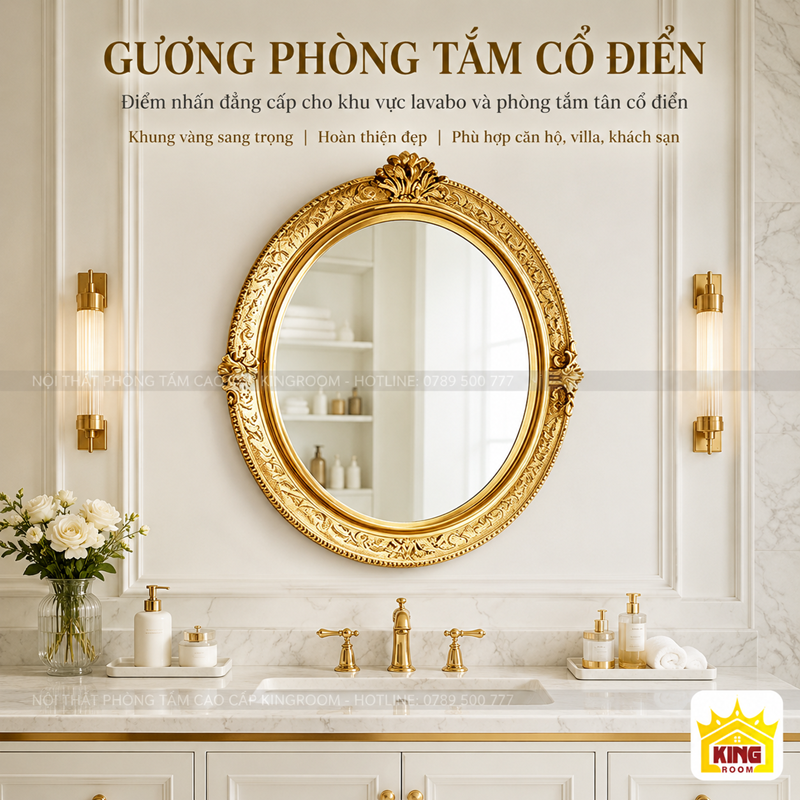Gương tròn khung vàng GTC01 phối tủ lavabo trắng và vòi vàng