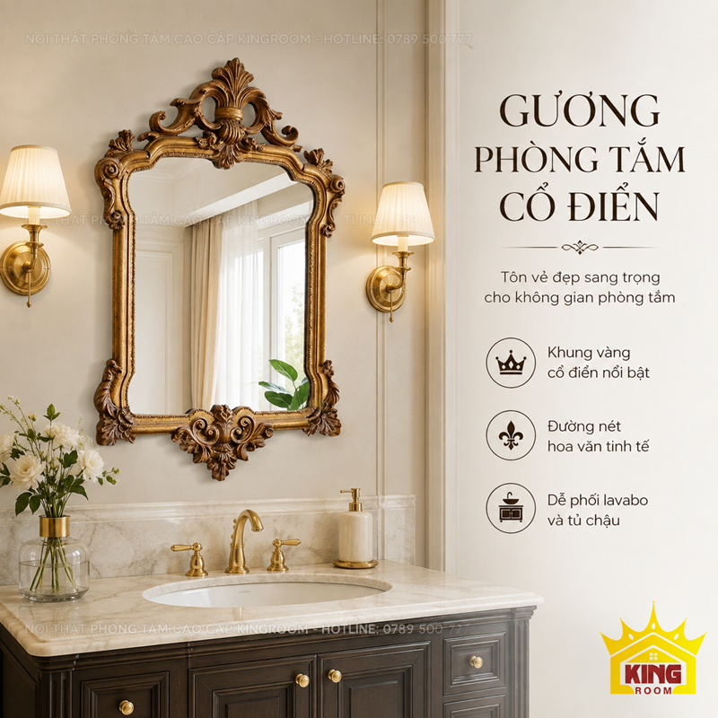 Gương Versailles khung vàng cổ điển trang trí phòng tắm sang trọng