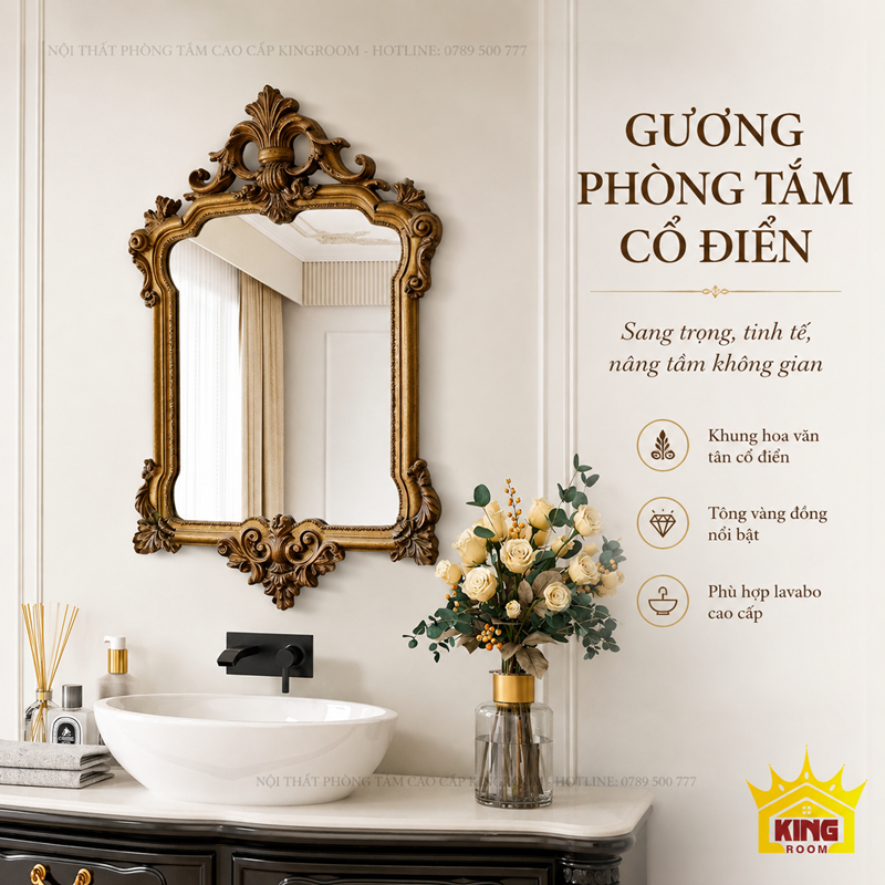 Gương Versailles khung vàng phối cùng lavabo phòng tắm cao cấp