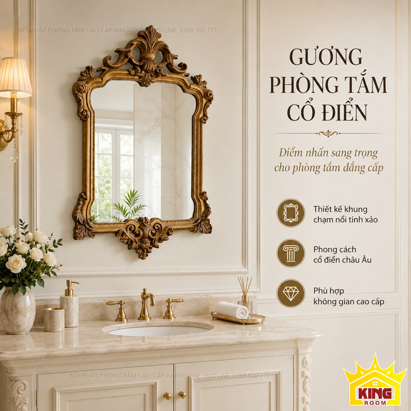 Gương Versailles phòng tắm tân cổ điển khung vàng chạm nổi