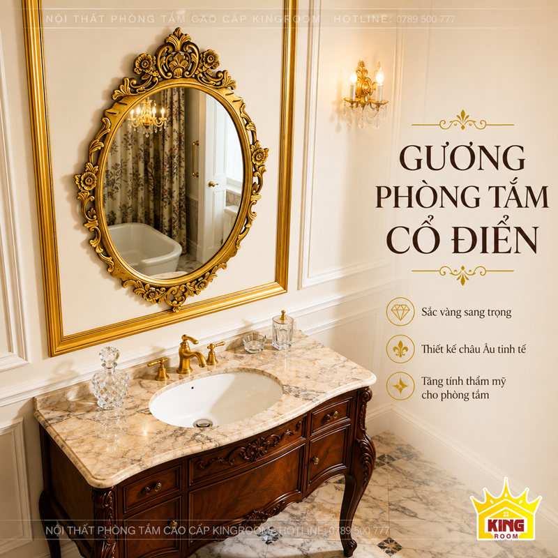 Gương Victoria khung vàng phối tủ lavabo và vòi vàng cổ điển