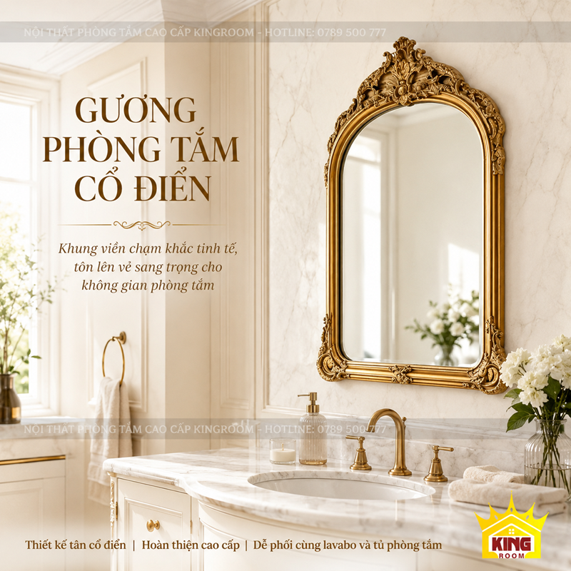 Gương vòm Louis khung vàng cổ điển treo phía trên lavabo trắng trong phòng tắm