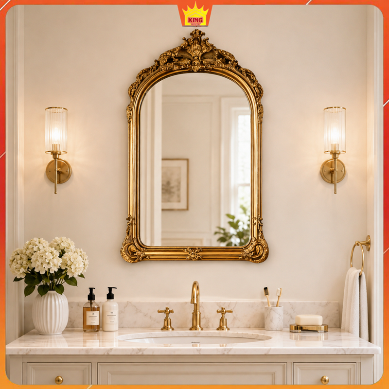 Gương Vòm Louis khung vàng cổ điển lắp trên lavabo phòng tắm