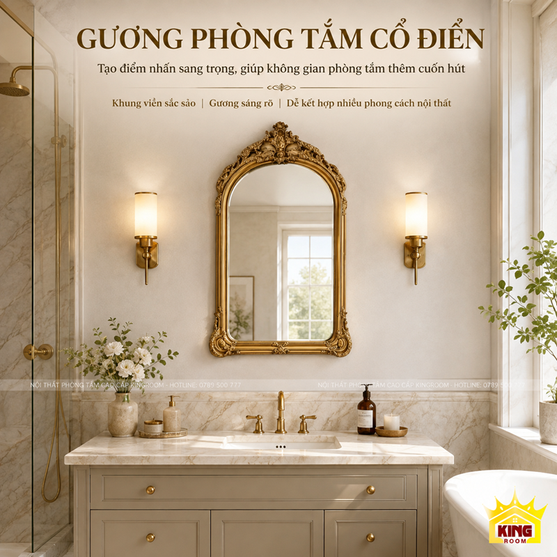 Gợi ý phối khung vàng với tủ ghi, mặt bàn sáng và đèn hai bên