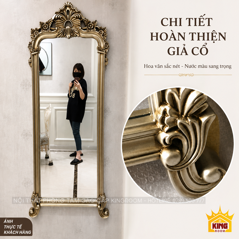 Chi tiết hoàn thiện giả cổ trên khung gương toàn thân V175