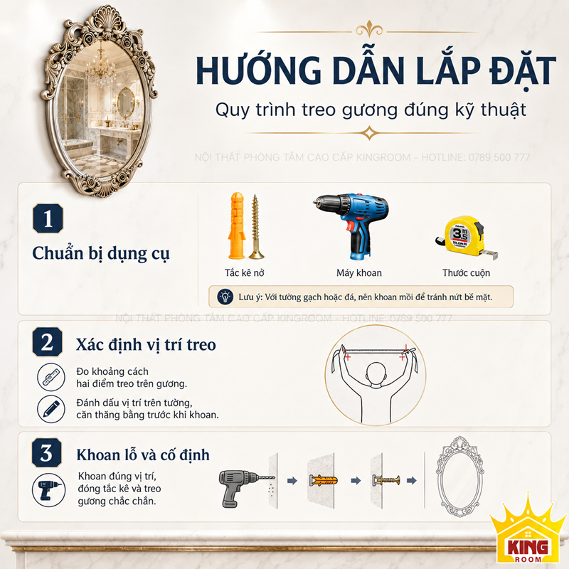 Hướng dẫn lắp đặt gương cổ điển phòng tắm treo tường