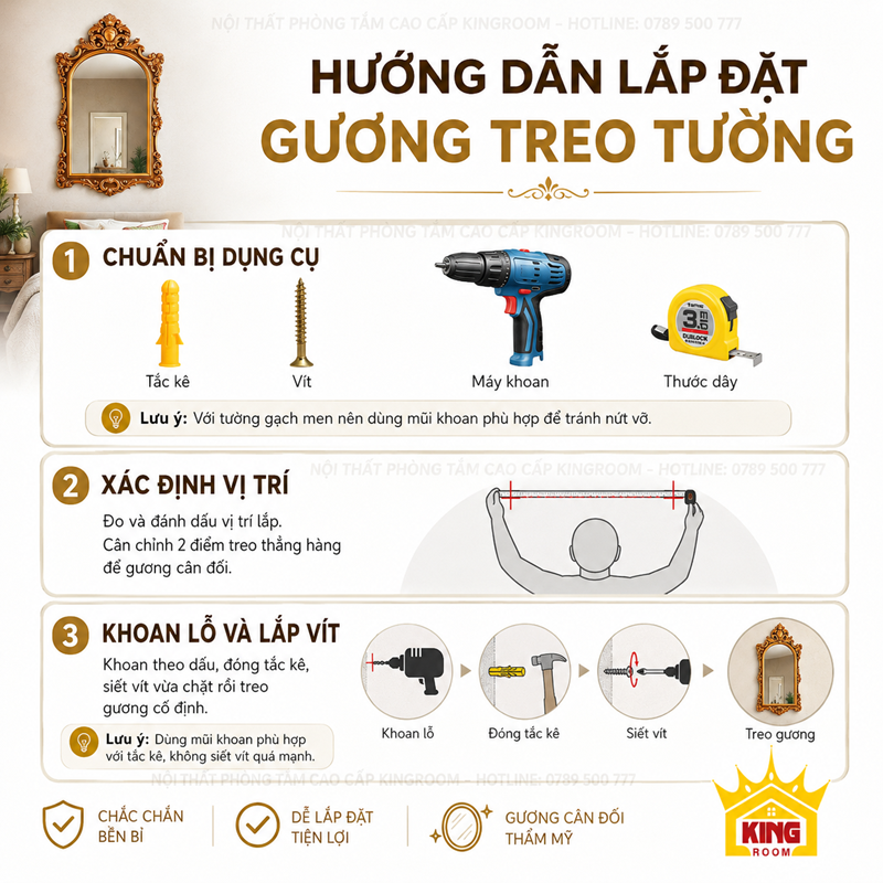Hướng dẫn lắp đặt gương đẹp khung vàng treo tường