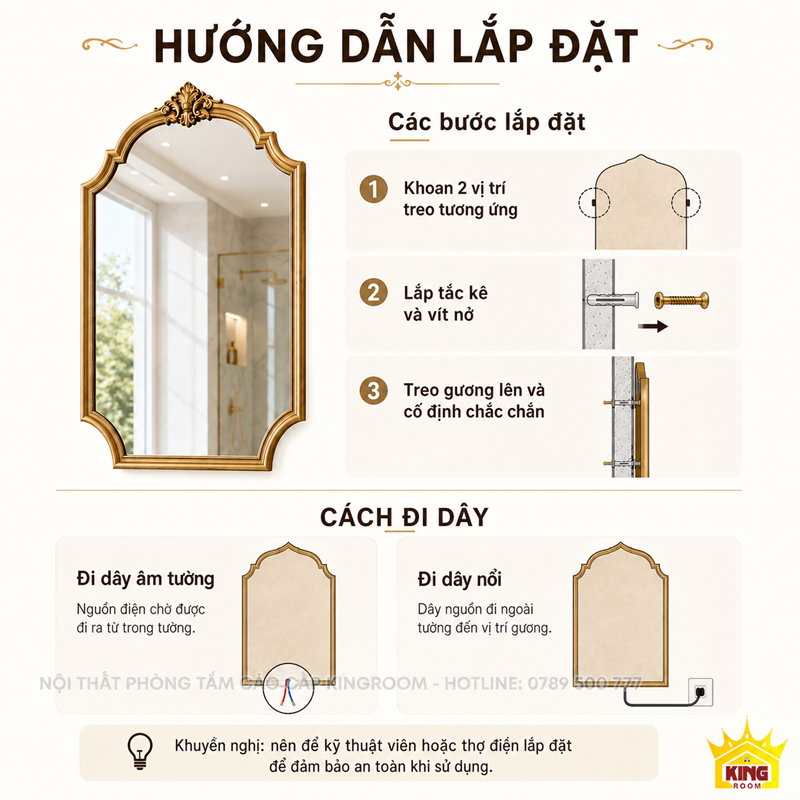 Hướng dẫn lắp đặt gương phòng tắm LED treo tường đi dây âm hoặc dây nổi