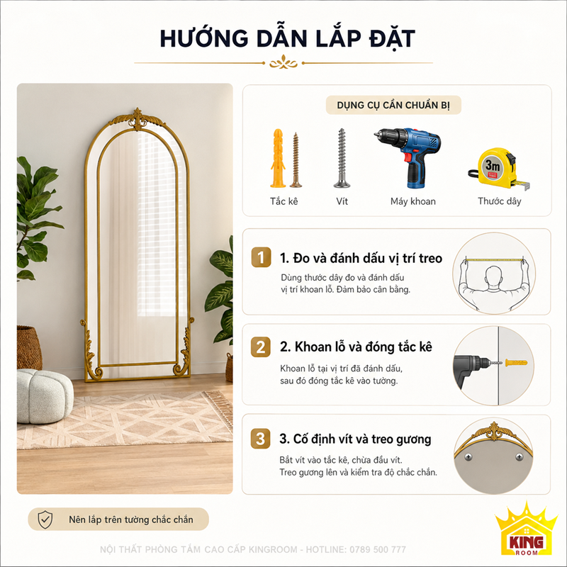 Hướng dẫn lắp đặt gương toàn thân cổ điển GTT02 an toàn trên tường