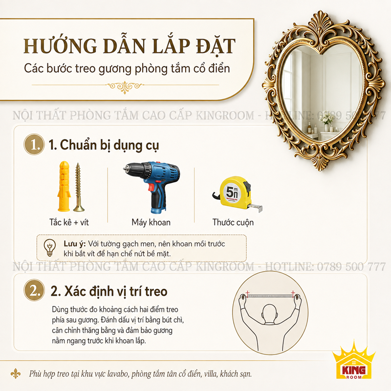 Hướng dẫn lắp đặt Gương Trái Tim Aurora khung vàng cổ điển