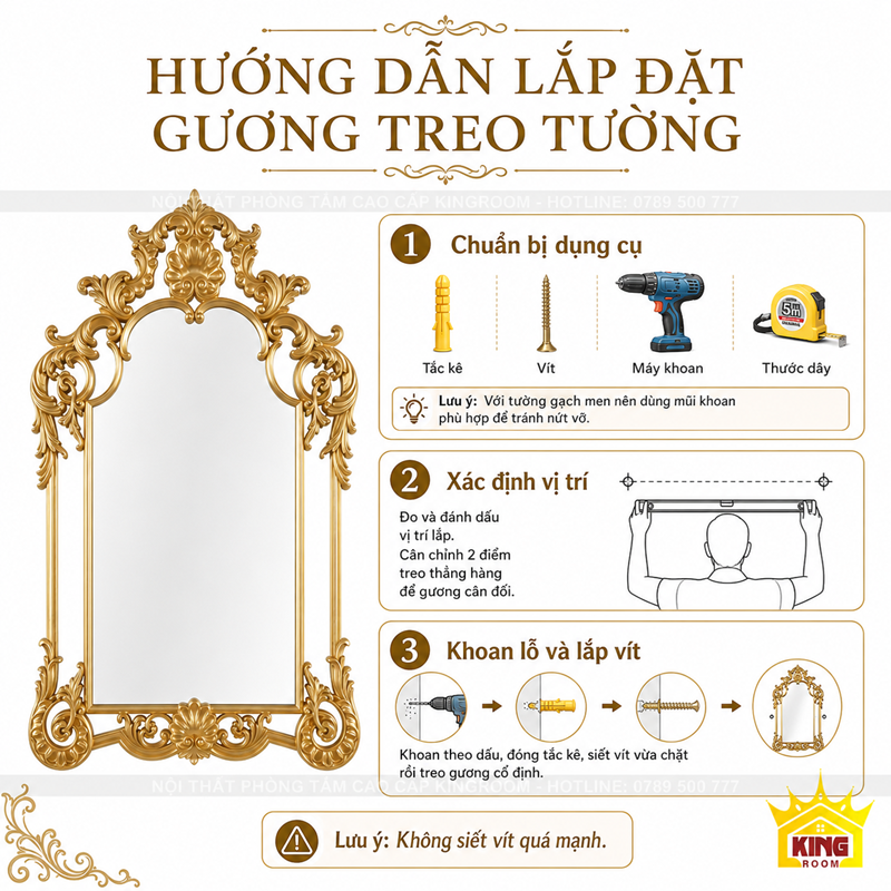 Hướng dẫn lắp đặt mẫu gương đẹp khung vàng treo tường