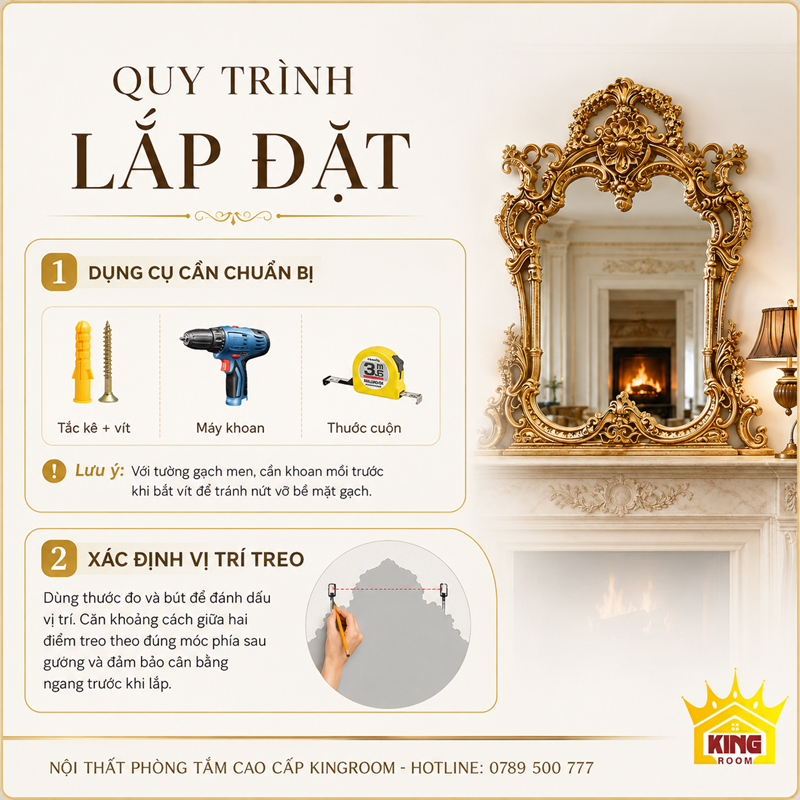 Hướng dẫn xác định vị trí treo gương phòng khách khung vàng