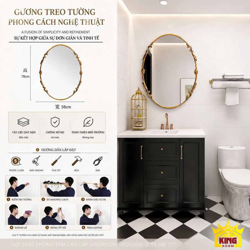 Kích thước gương cổ điển phòng tắm 58x78cm và hướng dẫn lắp đặt