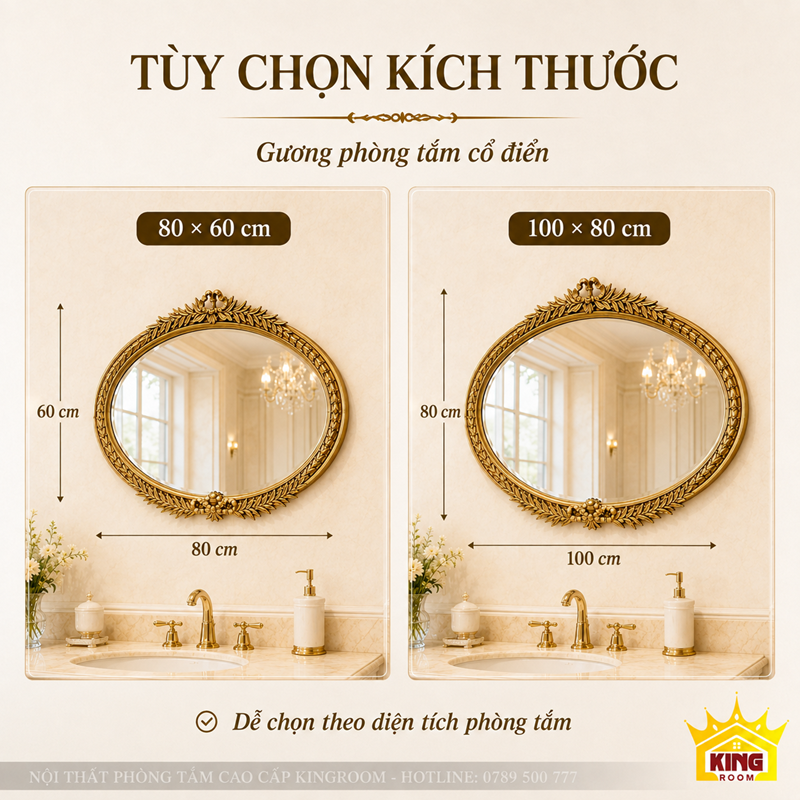 Kích thước Gương Cổ Điển Phòng Tắm Oval Ngang GON01 80x60cm và 100x80cm