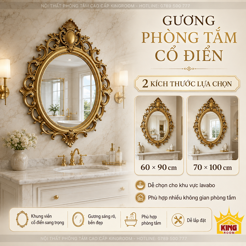 Gương cổ điển phòng tắm khung vàng kích thước 60x90 và 70x100cm