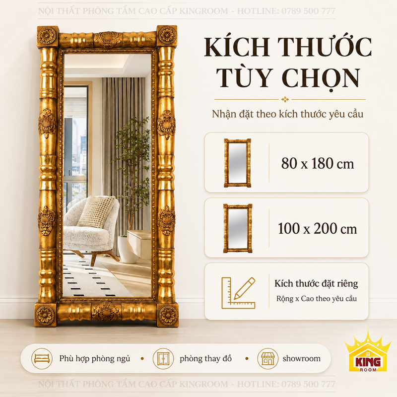 Kích thước gương cổ điển toàn thân GCT05 80x180 và 100x200cm