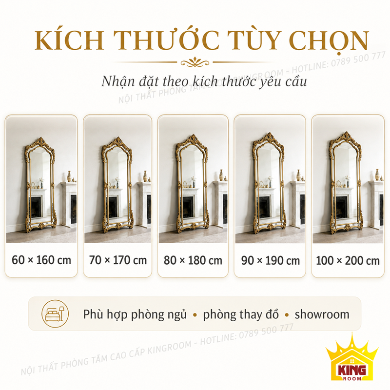 Các kích thước gương cổ điển toàn thân GCT03 từ 60x160 đến 100x200cm